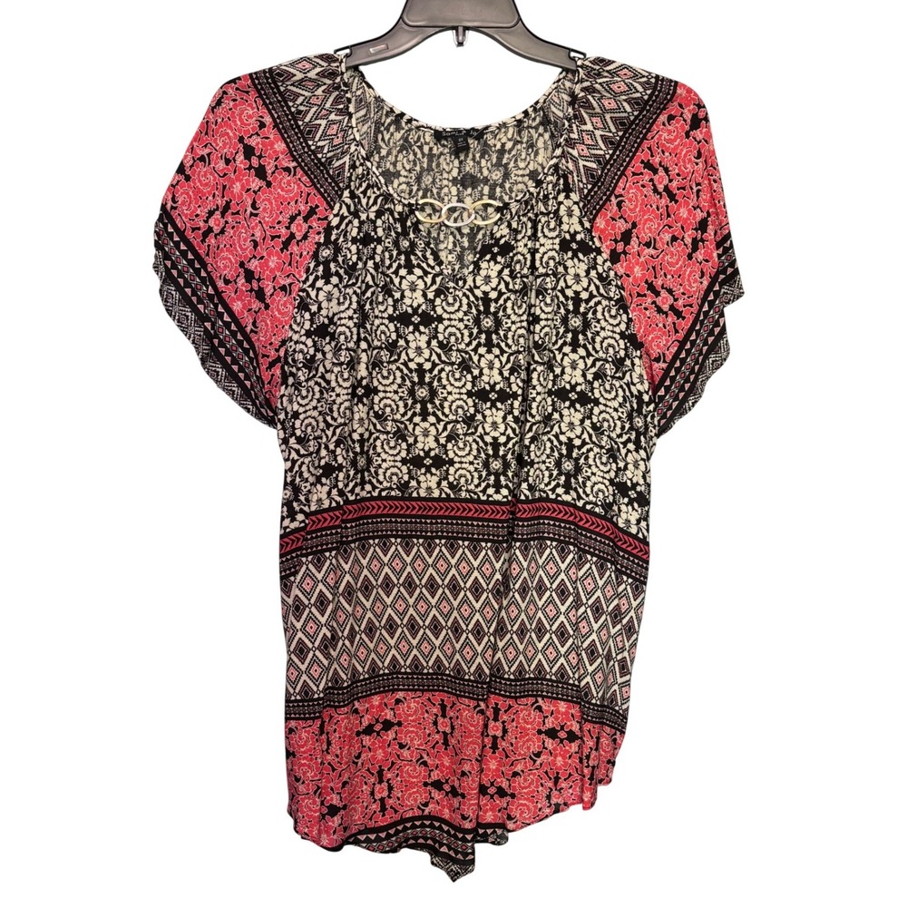 Sami & Jo Plus Size 2X Boho Floral Mixed Print Keyhole Chain Neck Blouse NWT